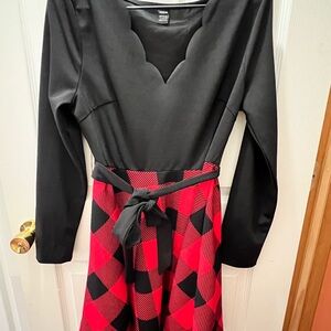 She in Black and Red Fit and Flare Long Sleeve Dress